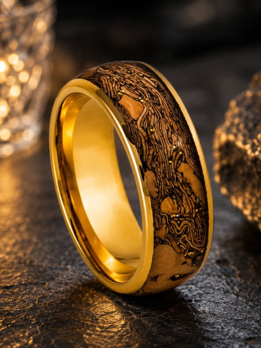 Gold Tungsten Ring with Natural Wood Inlay & Gold Flecks - GALTUN1062-7.5